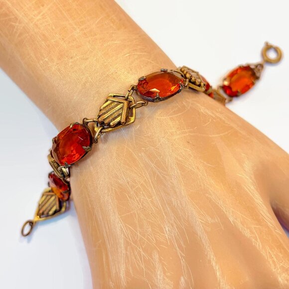 Art Deco Bracelet, Amber Glass, Brass, Gold Tone, Vintage 1930s, 1920s, Links - Picture 3 of 5